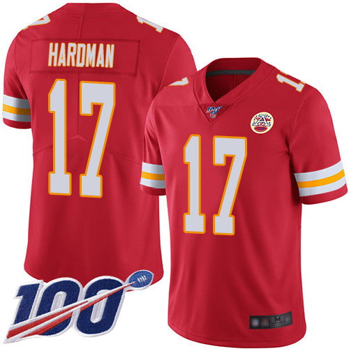Youth Kansas City Chiefs #17 Hardman Mecole Red Team Color Vapor Untouchable Limited Player 100th Season Football Nike NFL Jersey